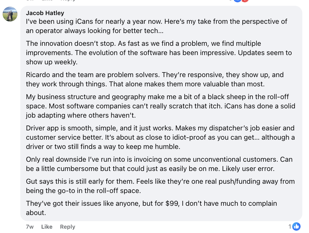 iCans customer review screenshot 1 from Google or Facebook