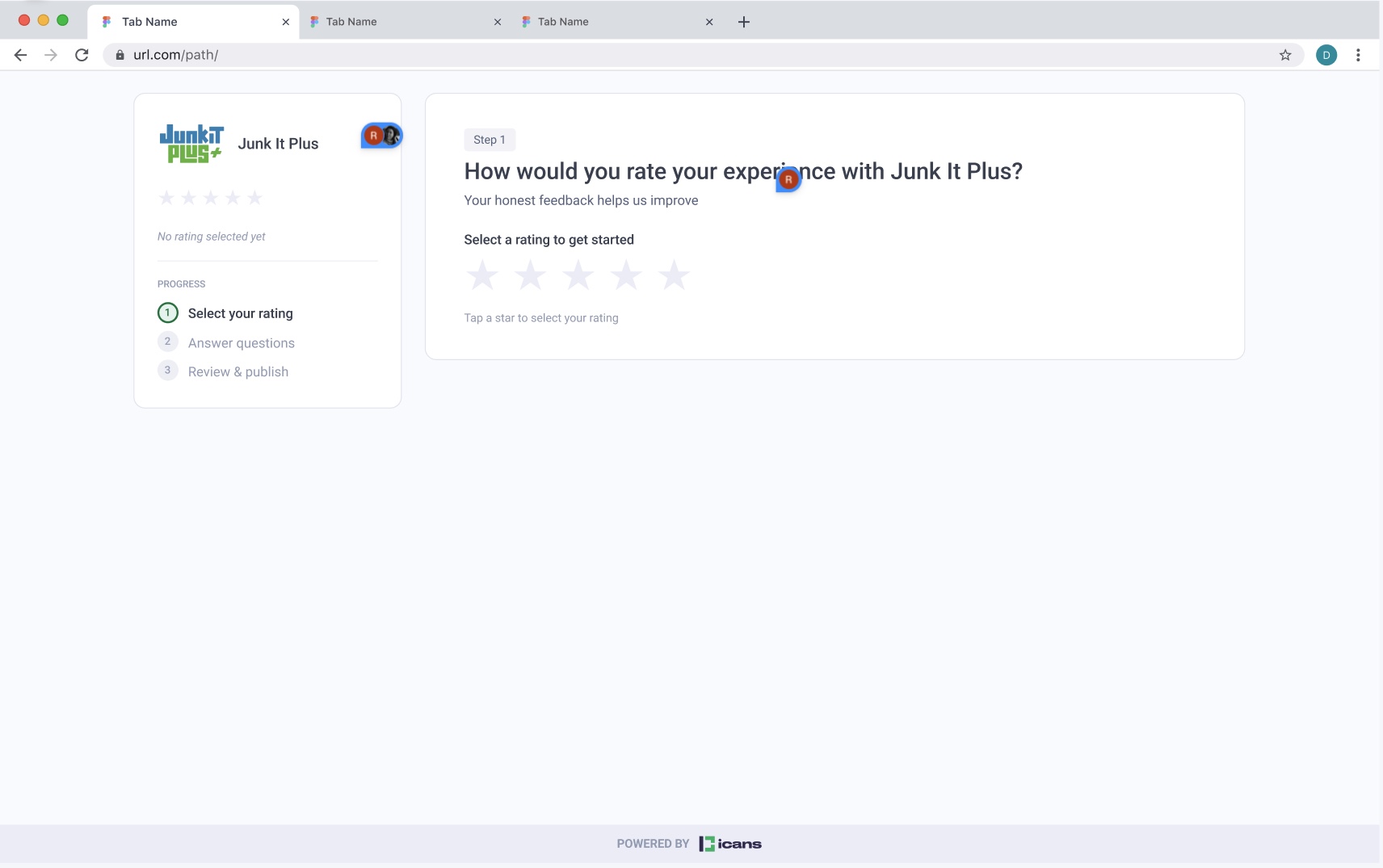 iCANS AI Review Filter star rating step shown on desktop for a dumpster rental client