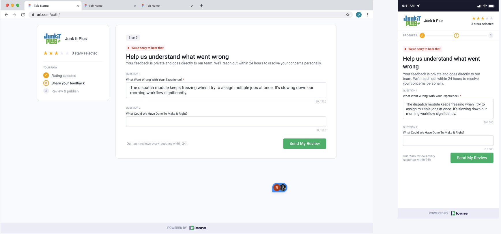 Private feedback form for low ratings routed to the team in iCANS AI Review Filter