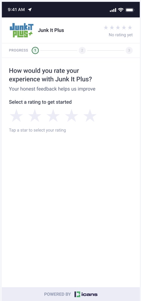 iCANS AI review request star rating screen on a mobile phone