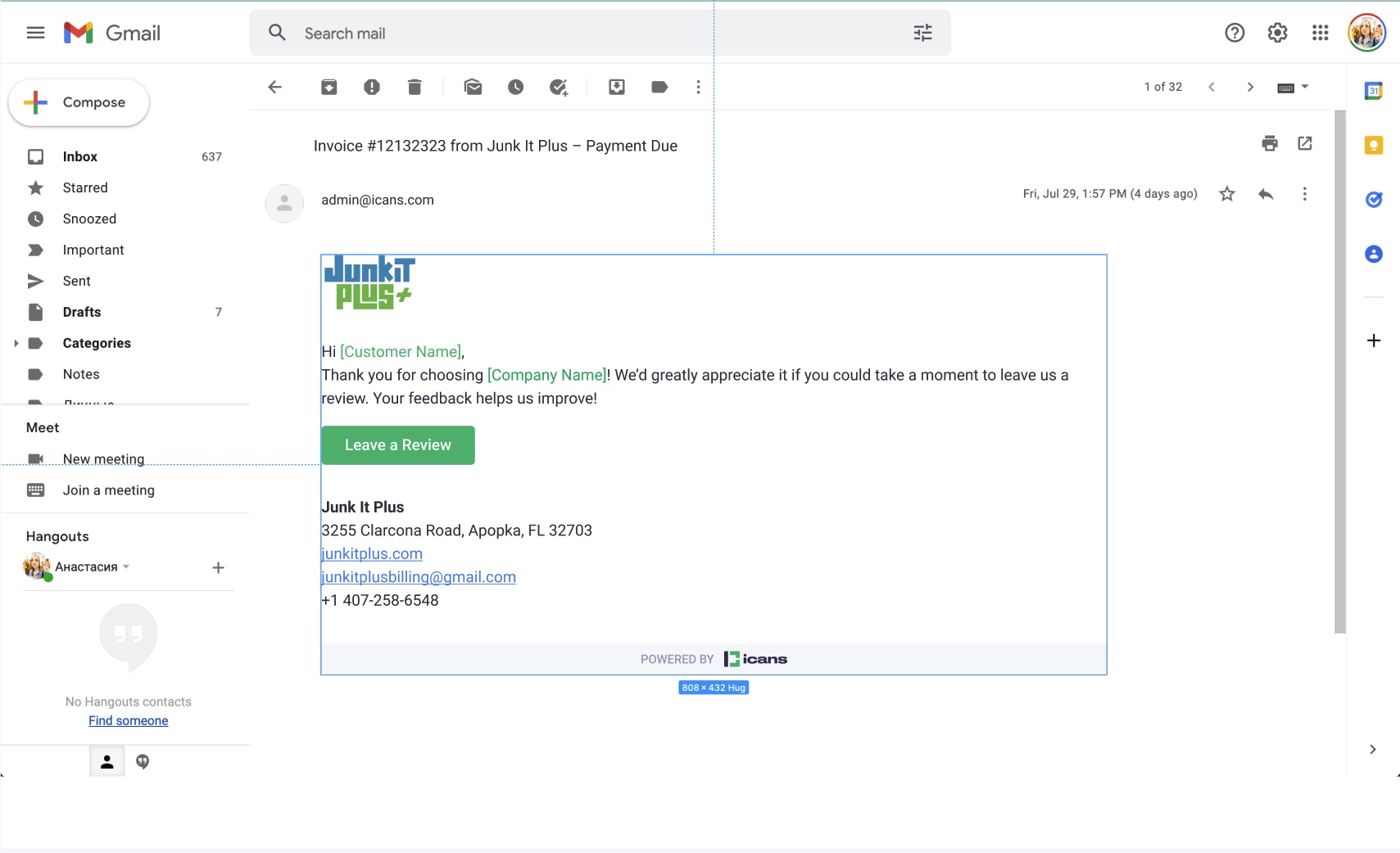Automated branded review request email sent to a customer through iCANS