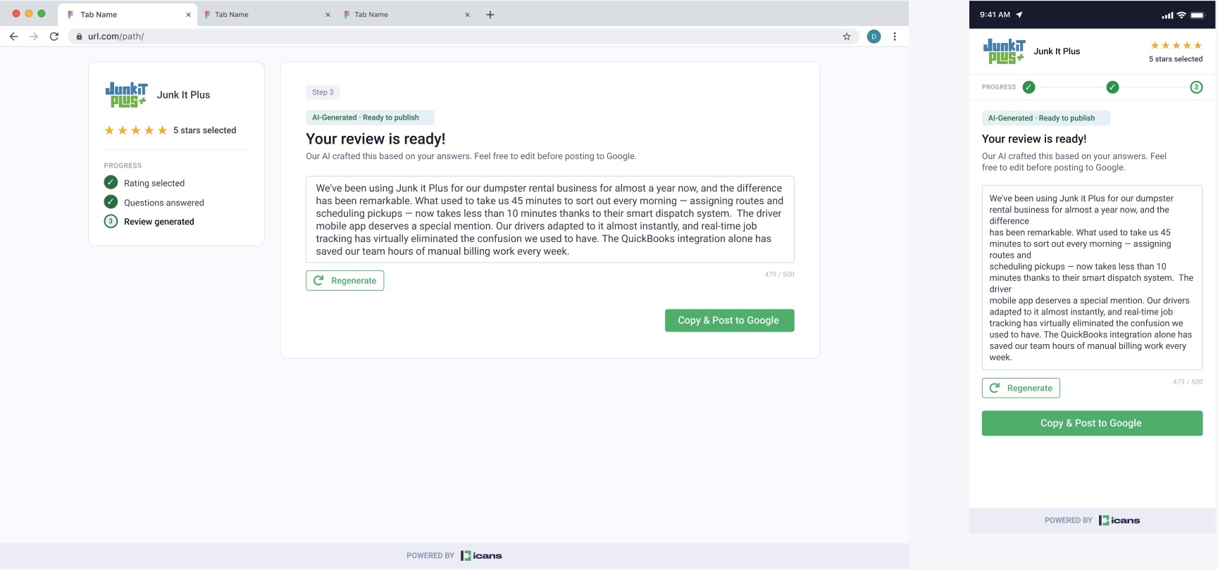 AI-generated Google review ready to copy and post inside iCANS