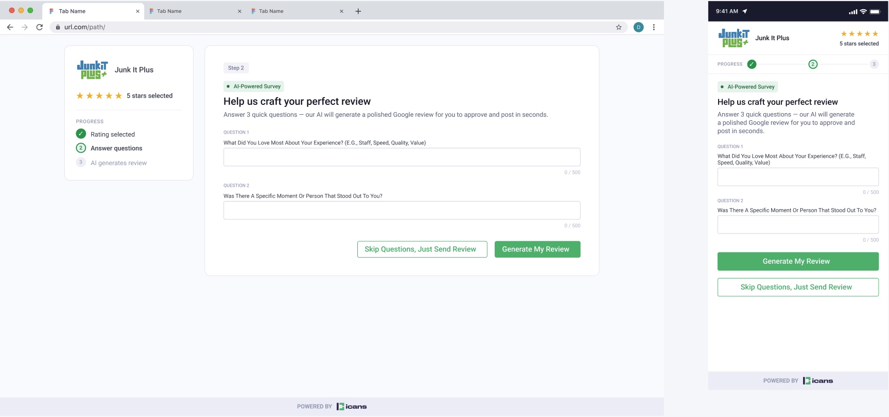 AI-powered review survey asking three quick questions inside iCANS