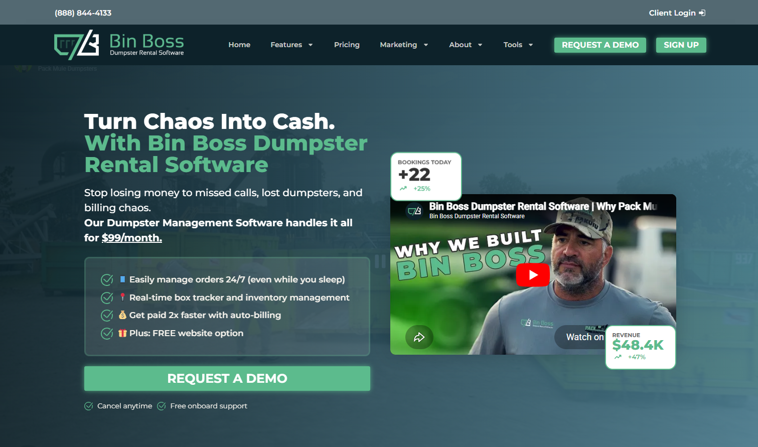 Bin Boss dumpster rental software homepage advertising $99 a month pricing for haulers