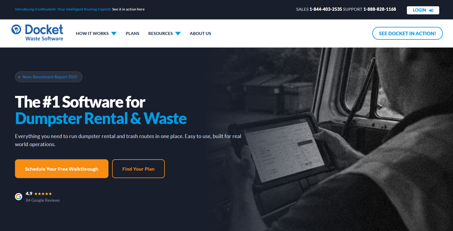 Docket dumpster rental software homepage showing dispatch and routing for waste haulers