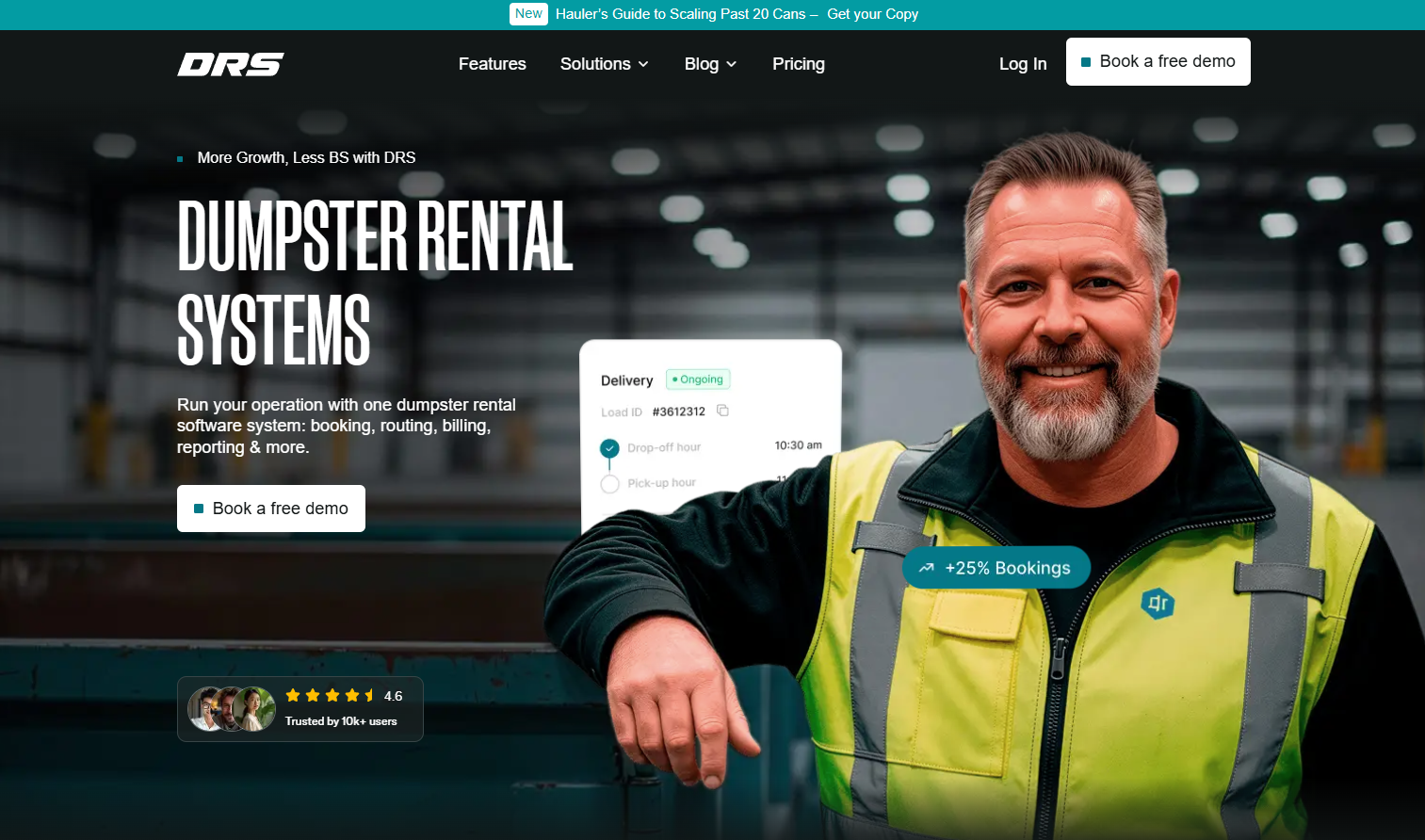 Dumpster Rental Systems DRS software homepage featuring true online booking for haulers