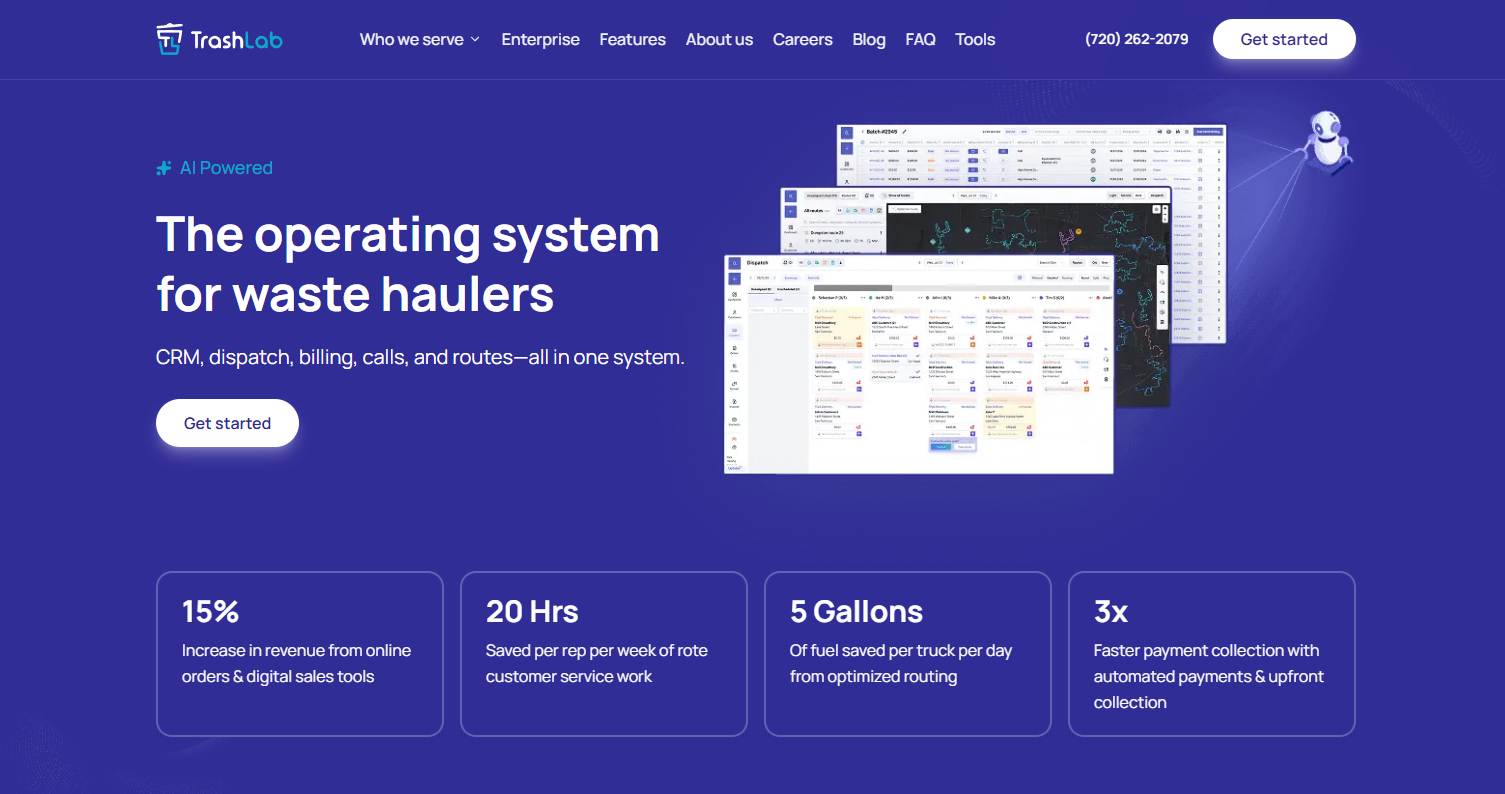 TrashLab AI dumpster rental software homepage for waste haulers